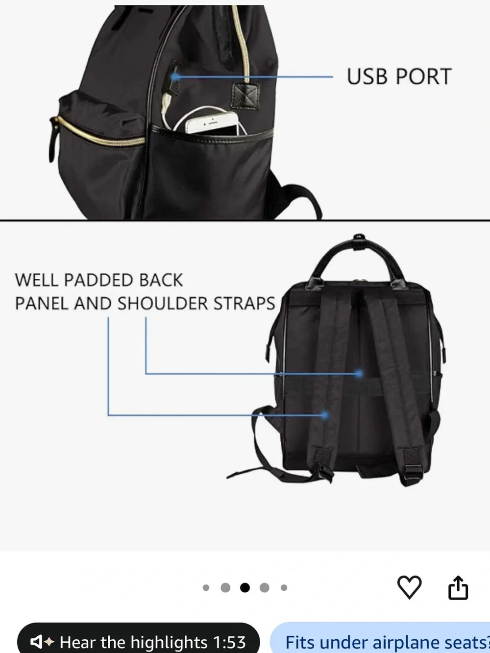 Women's Black Backpack Tote with Gold Zipper - Classic Carryall Tech Friendly